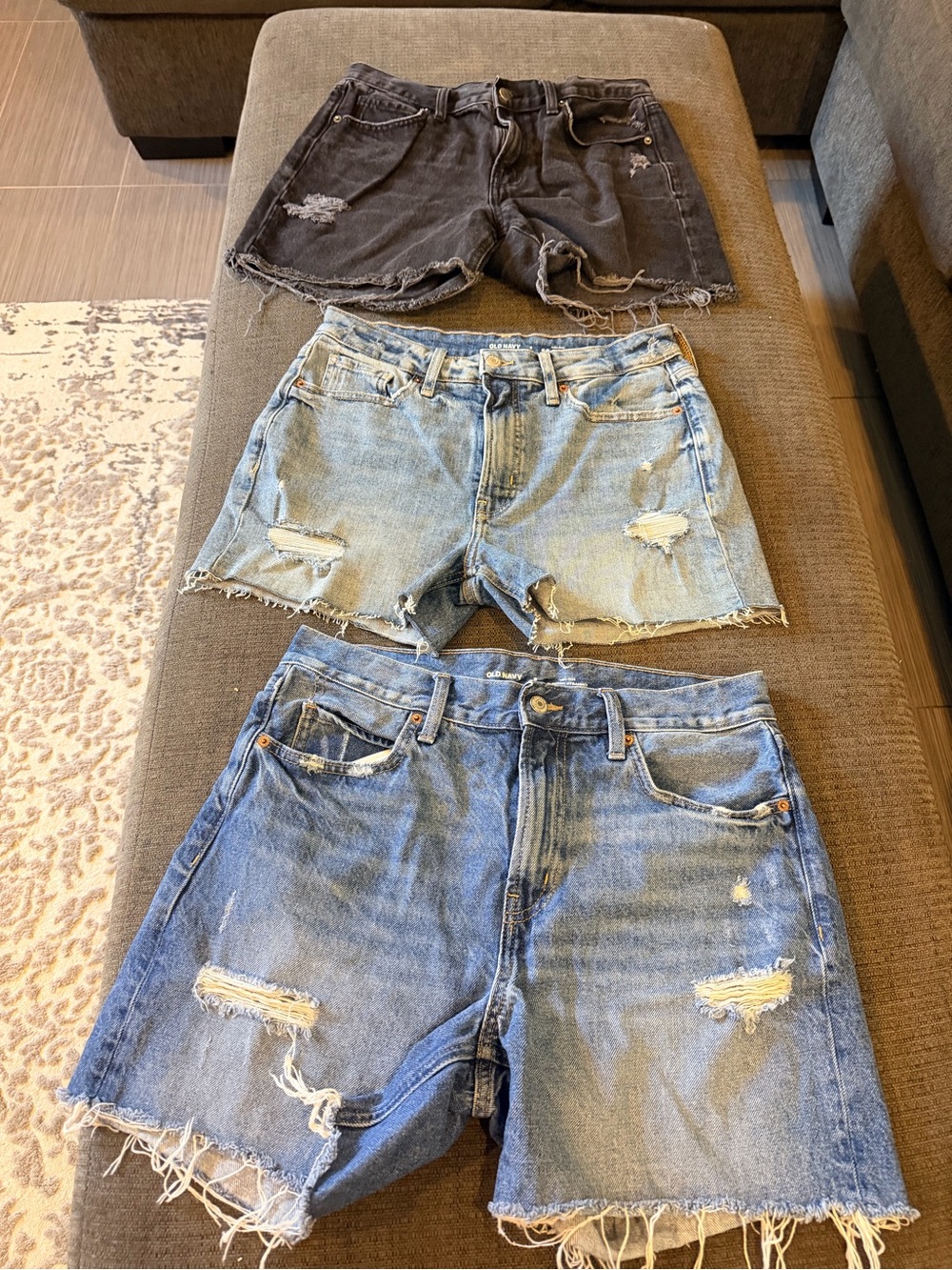 Old Navy Distressed Denim Shorts Trio — Black, Light Blue, Medium Blue